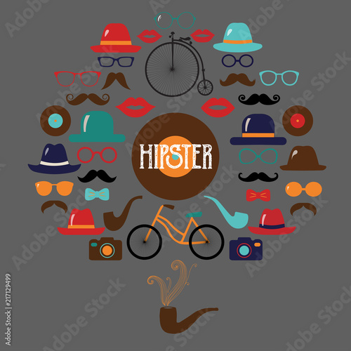 Hipster Colorful Retro Vintage Vector Icon Set. Illustrations of hats  glasses  lips and moustaches.