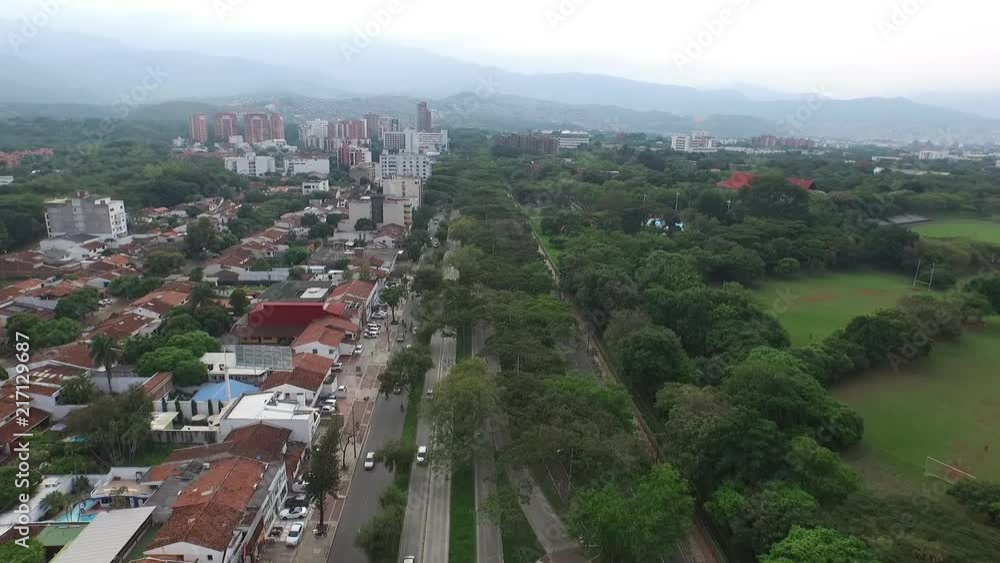 Aerial: big avenue with bus lane with buildings on one side and a park in the other with mountains in the background Aerial: big avenue with bus lane with buildings on one side and a park in the other with mountains in the background