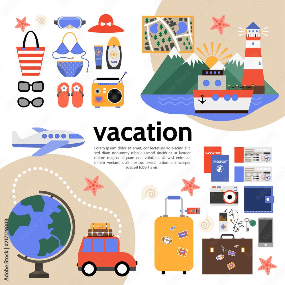 Naklejka premium Flat Summer Vacation Composition