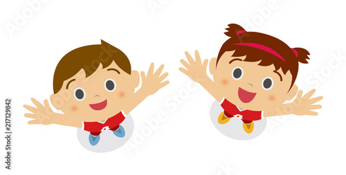 kids (children / boy and girl) looking up into the sky (wearing basketball uniform). cartoon illustration.