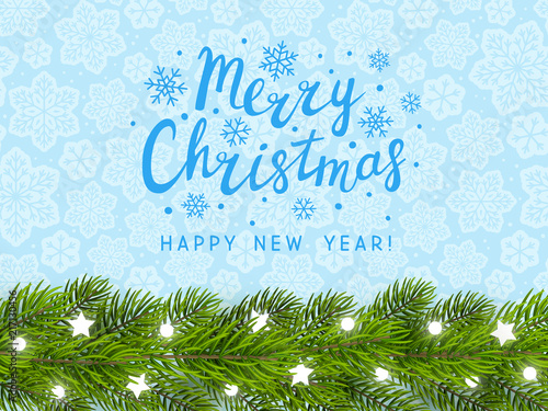 Greeting card with Christmas tree border on blue background