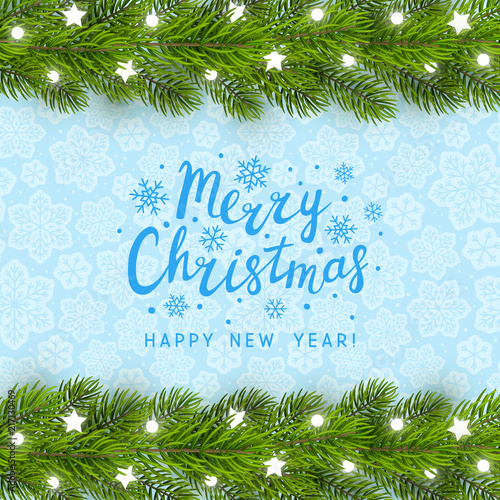 Greeting card with Christmas tree border on blue background