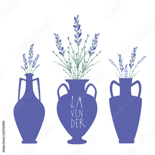 Fototapeta Naklejka Na Ścianę i Meble -  Bouquets of lavender in three types of ancient Mediterranean style vases. Text hand drawn.