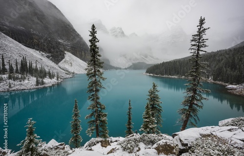 Turquoise Moraine Lake, first snowfall in autumn, Valley of the Ten Peaks, Banff National Park Rocky Mountains, Alberta, Canada, North America photo