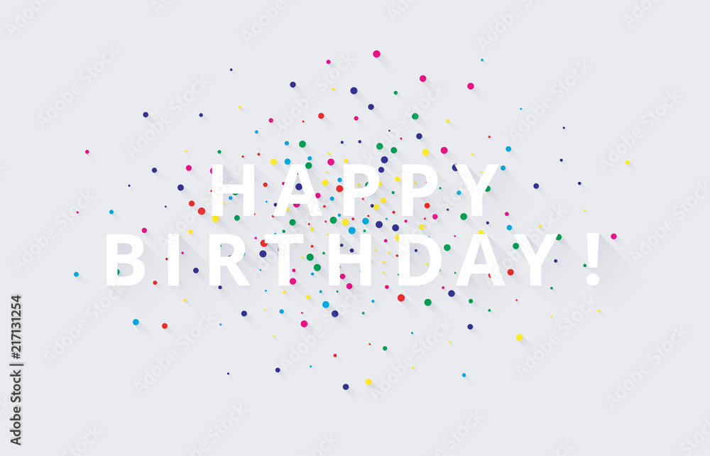 White Happy Birthday paper card with colorful confetti.