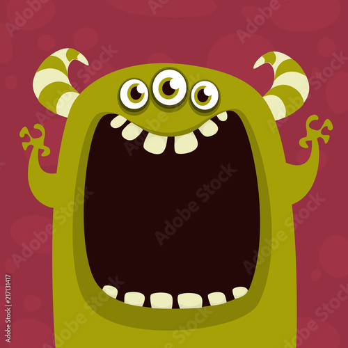 Cartoon green horned monster. Vector illustration isolated