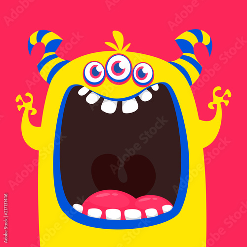 Cute orange horned cartoon monster. Funny  monster showing tongue. Halloween vector illustration