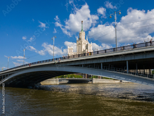 Moscow, Russia - May 12. 2018. Big Ustyinsky Bridge and Stalin skyscraper