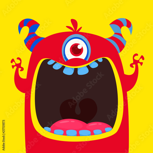 Funny red one eyed horned cartoon monster. Funny  monster with mouth opened wide. Halloween vector illustration