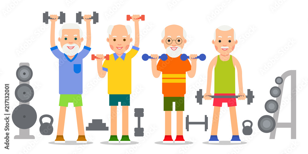 Old man doing exercises with dumbells and kettlebell. Pensioners and gymnastics with weights. Senior people making lifting weight exercises. Grandparents and Sport. Cartoon illustration isolated