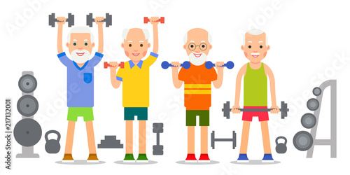Old man doing exercises with dumbells and kettlebell. Pensioners and gymnastics with weights. Senior people making lifting weight exercises. Grandparents and Sport. Cartoon illustration isolated