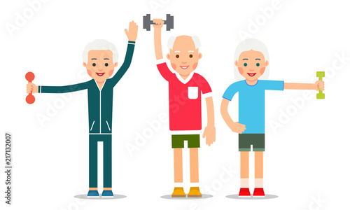 Old people doing exercises with dumbells. Group pensioners and gymnastics. Senior people making morning exercises. Grandparents and Sport. Cartoon illustration isolated on white background in flat