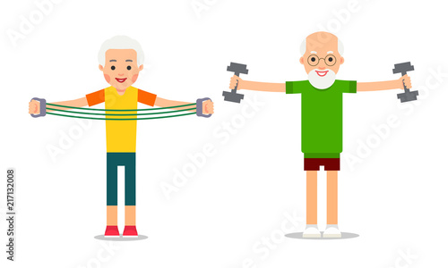 Man and woman doing exercises with dumbells and expander workout. Pensioners and gymnastics. Senior people making morning exercises. Grandparents and Sport. Cartoon illustration isolated