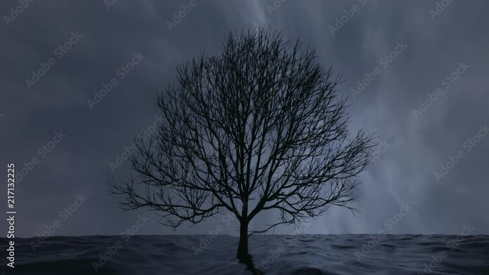 Lonely flooded tree standing among waves. Loop. 3D animation. Lonely flooded tree standing among waves. Loop. 3D animation.
