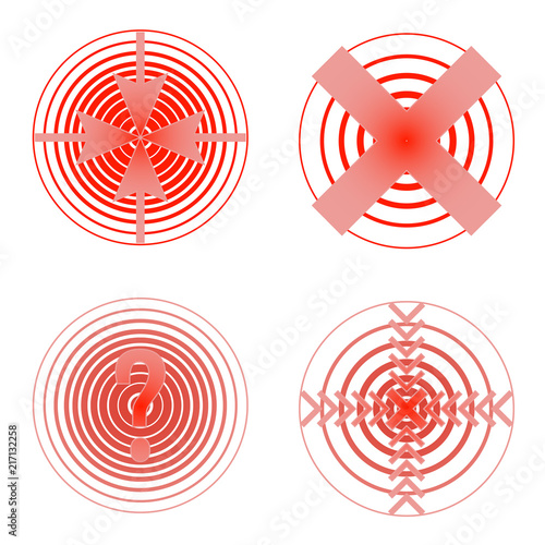 Set of red pain rings. Symbol of growing physical pain, suffering and body disorder, distress, injury, illness. Vector flat style cartoon illustration isolated on white background