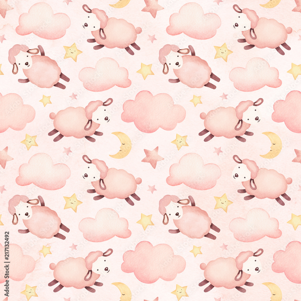 Watercolor illustration of cute sheep. Seamless pattern