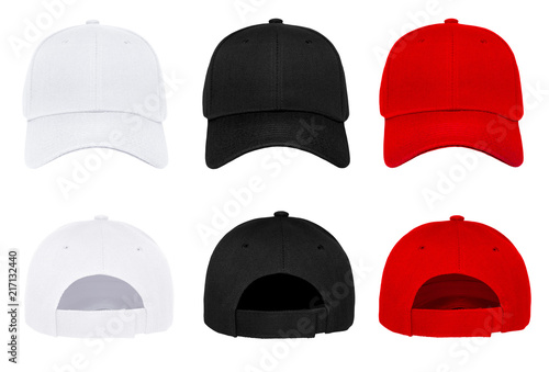 Фотография Blank baseball cap 3 color front and back view on white background