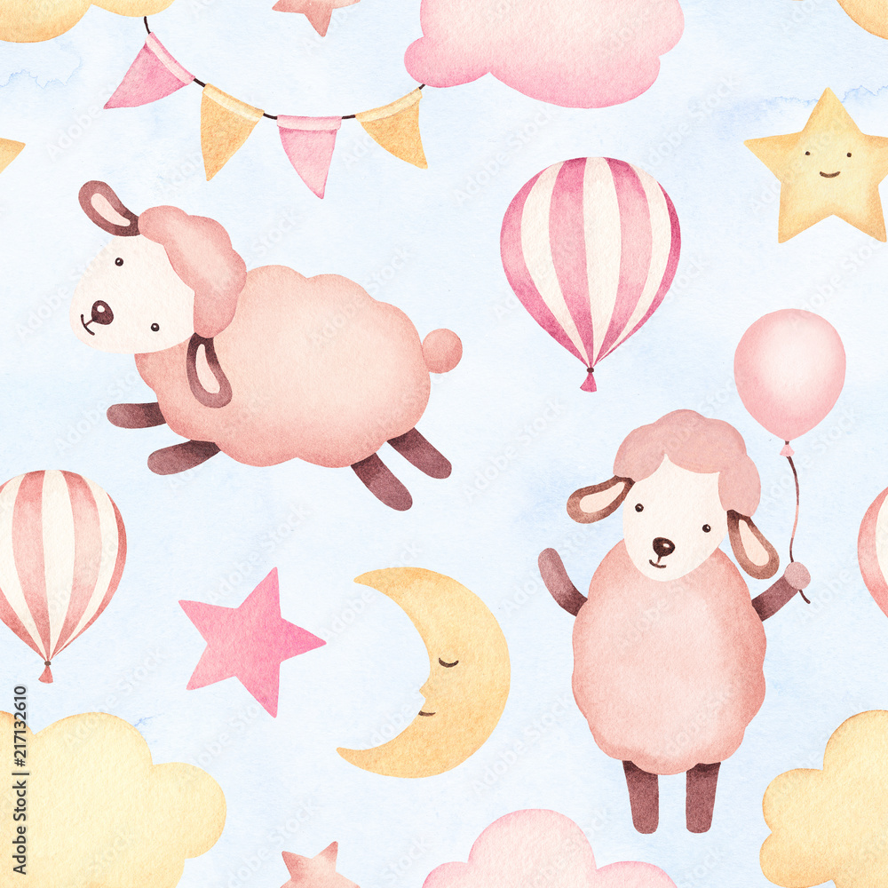 Watercolor illustration of cute sheep. Seamless pattern Watercolor illustration of cute sheep. Seamless pattern