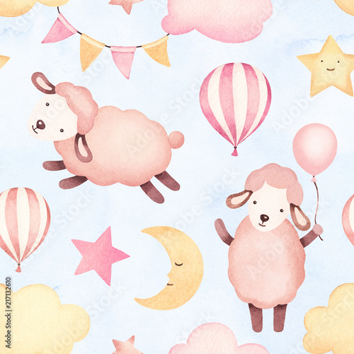 Watercolor illustration of cute sheep. Seamless pattern