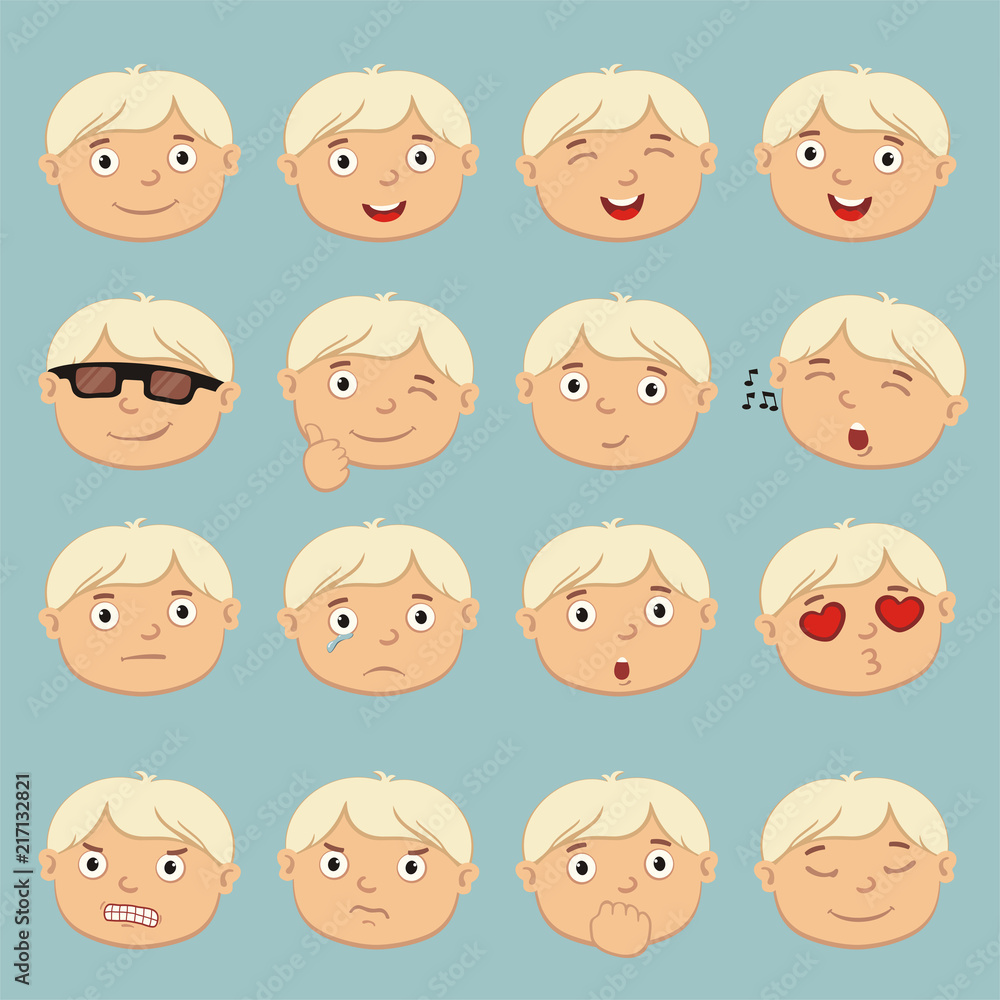 Big set of isolated emoticons of faces of boy with blond hair in cartoon style.