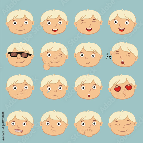 Big set of isolated emoticons of faces of boy with blond hair in cartoon style.