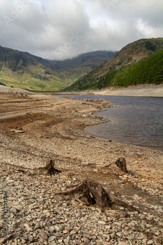 Low Water level at Haweswater reservoir reveals the remains of the village of Mardlae Green in summer 2018