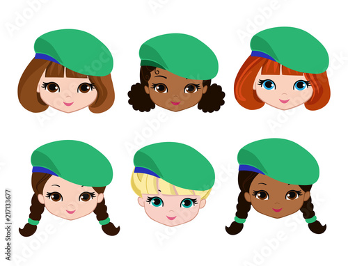 Set of cartoon girls scouts faces. Cartoon child face icon.