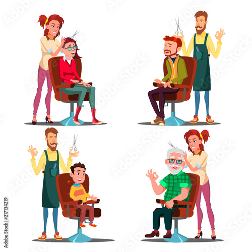 Hairdresser With Client Set Vector. Boy, Teen, Woman, Old Man. Professional Fashion Stilist. Service. Isolated Flat Cartoon Illustration