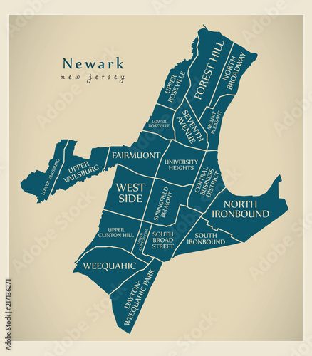 Modern City Map - Newark New Jersey city of the USA with neighborhoods and titles