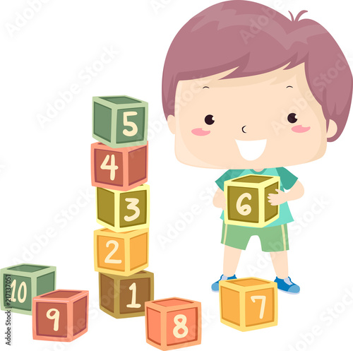 Kid Boy Count Numbers Cube Tower Illustration