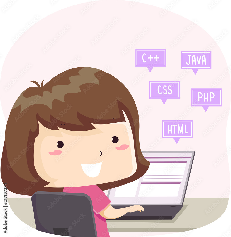 Kid Girl Programming Languages Laptop Illustration Kid Girl Programming Languages Laptop Illustration