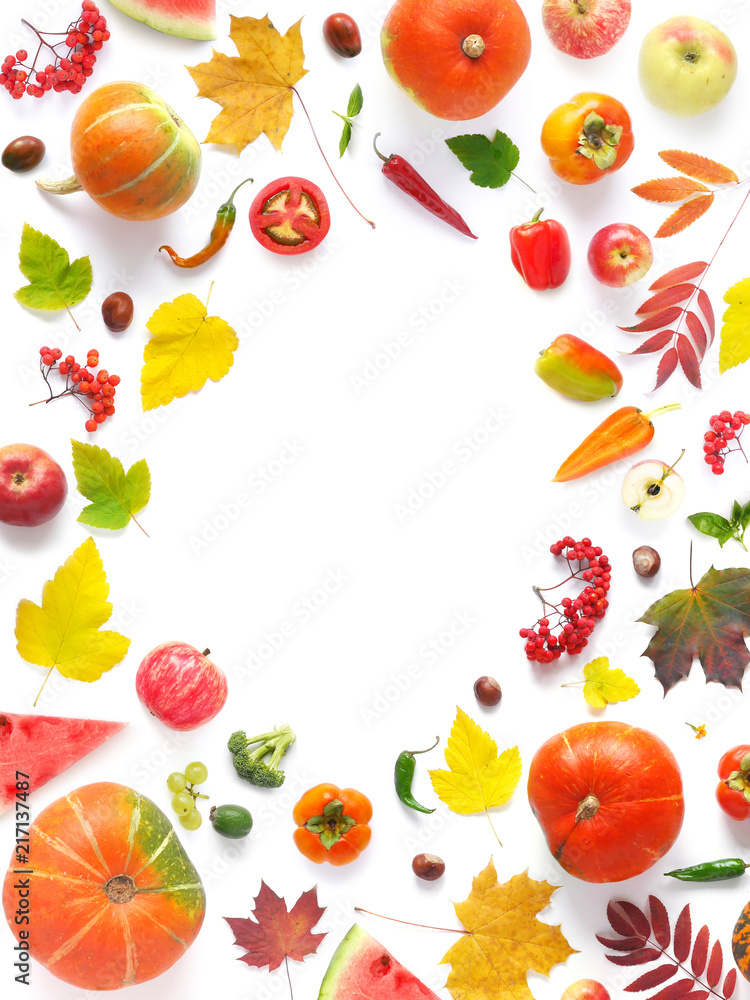 Frame of autumn yellow, orange and red maple leaves, vegetables and fruits isolated on white background, top view, flat layout. Frame of autumn yellow, orange and red maple leaves, vegetables and fruits isolated on white background, top view, flat layout.