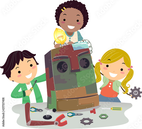 Stickman Kids Build Junk Robot Illustration