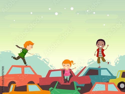 Stickman Kids Junkyard Scene Illustration