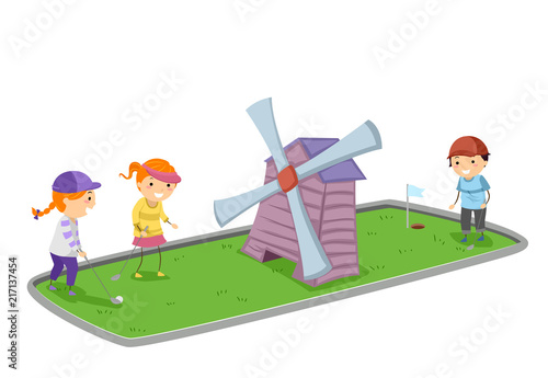 Stickman Kids Mini Golf Wind Mill Illustration