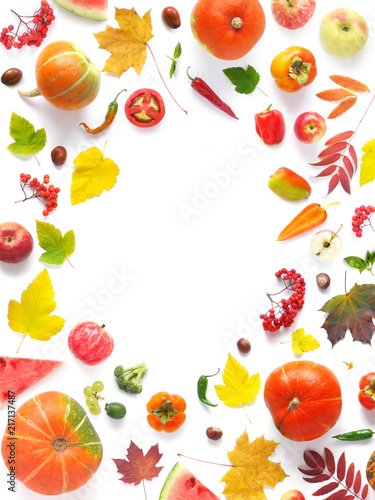 Frame of autumn yellow  orange and red maple leaves  vegetables and fruits isolated on white background  top view  flat layout.