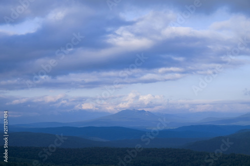 View of the mountain panorama at dawn