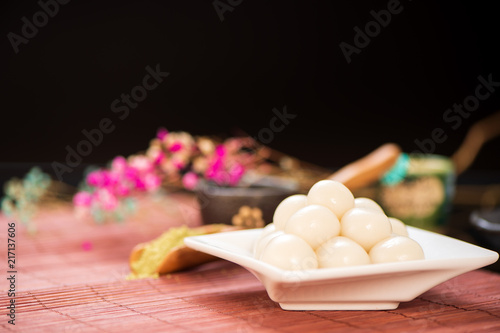 Japanese Dango dessert with 3 different color in pink(red), white, and green, recipe, hanami Dango, tsukimi Dango, copy space. photo