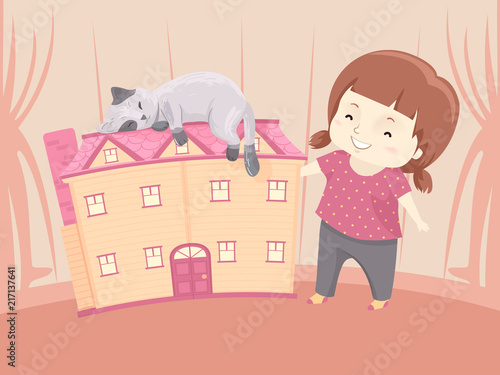 Kid Girl Cat Doll House Ill...