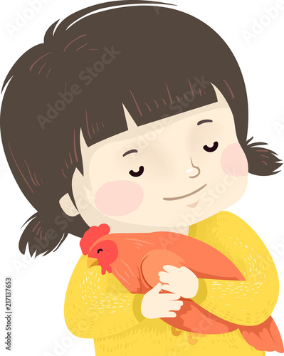 Kid Girl Pet Chicken Illust...