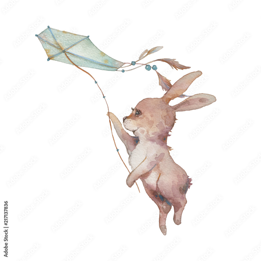 Watercolor bunny with kite illustration. Hand painted rabbit fly. Cute  animal isolated on white background. Cartoon hare in boho chic style Stock  Illustration | Adobe Stock