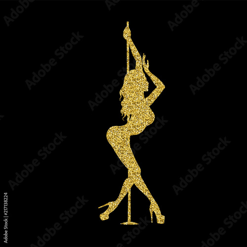 Gold glitter silhouette pole dance on a black background. Hand scketch exotic dance vector illustration. line clipart with text for logotype, badge, icon, logo, banner, tag, clothes