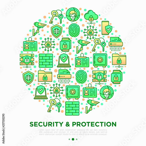 Security and protection concept in circle with thin line icons: mobile security, fingerprint, badge, firewall, face ID, secure folder, encrypted messaging. Vector illustration, print media template.