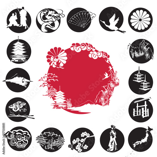 A set of miniatures in circles. Symbols of Japan.
