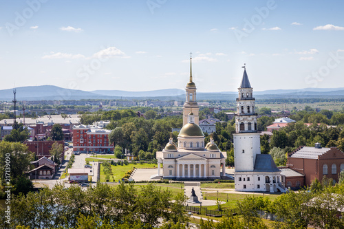 Spaso-Preobrazhensky Cathedral in the city and Nevyansk leaning tower