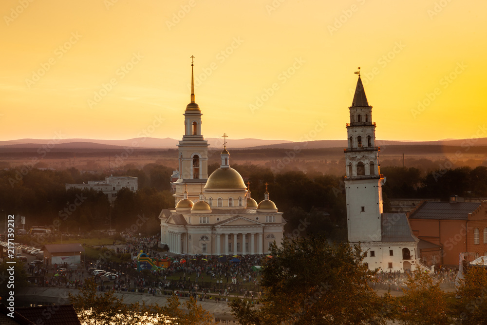 Spaso-Preobrazhensky Cathedral in the city and Nevyansk leaning tower