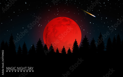 Dark Forest and Big Red Moon. Vector Illustration Modern Background photo