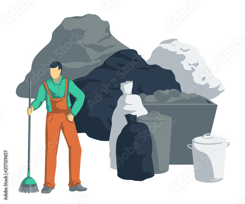 Garbage man clean up pile of trash. Bags, cans, bins, containers of waste. Isolated objects on whing concept. Vector illustration 