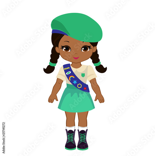 Junior scout girl, explorer girls, Camping Digital Kids. Vector illustration isolated on white background.