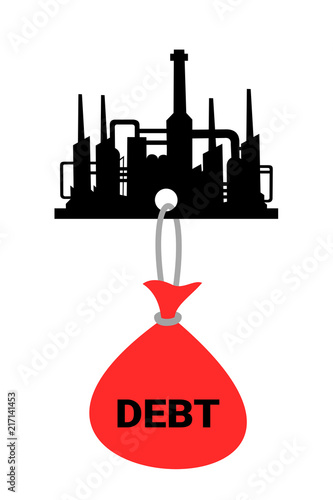 Industrial company with big and large financial debt - indebted business and enterprise. Bad economic condition of industry and firm. Vector illustration